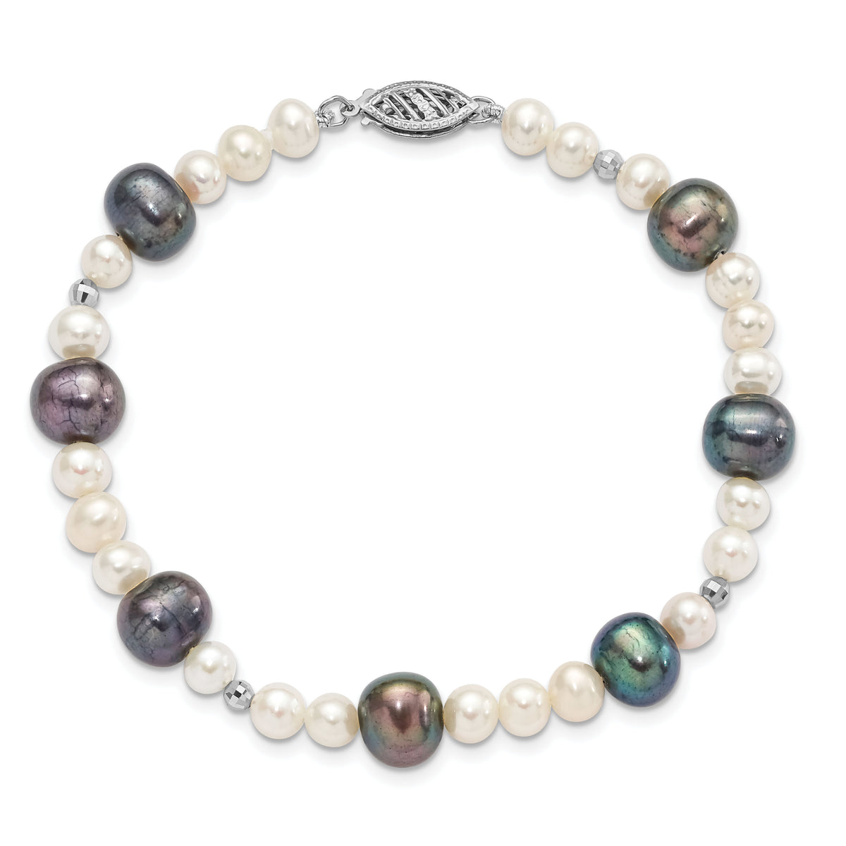 14K WG Black and White Semi-round Freshwater Cultured Mirror Bead Bracelet-XF439-7.5