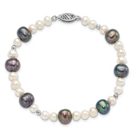 14K WG Black and White Semi-round Freshwater Cultured Mirror Bead Bracelet-XF439-7.5