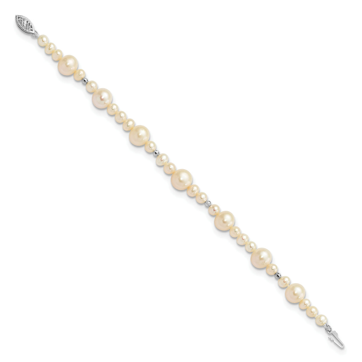 14K WG 5-9mm White Near Round Freshwater Cultured Pearl Bead Bracelet-XF440-7.5