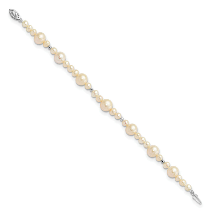 14K WG 5-9mm White Near Round Freshwater Cultured Pearl Bead Bracelet-XF440-7.5