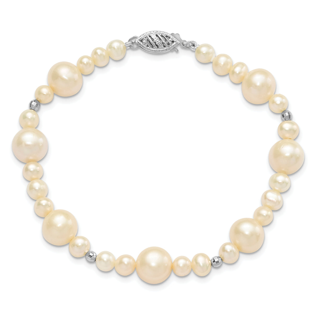 14K WG 5-9mm White Near Round Freshwater Cultured Pearl Bead Bracelet-XF440-7.5