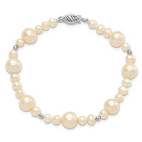 14K WG 5-9mm White Near Round Freshwater Cultured Pearl Bead Bracelet-XF440-7.5