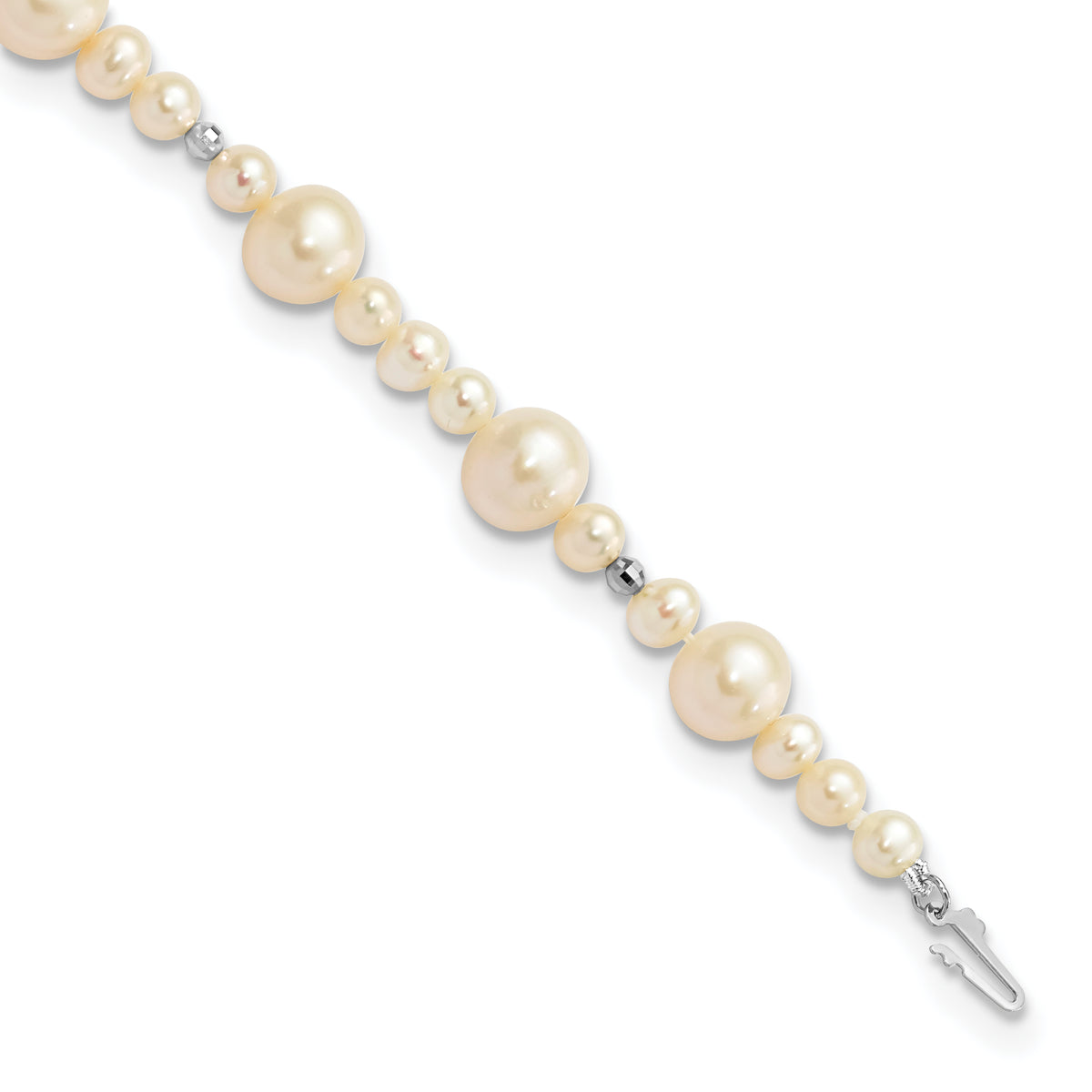 14K WG 5-9mm White Near Round Freshwater Cultured Pearl Bead Bracelet-XF440-7.5