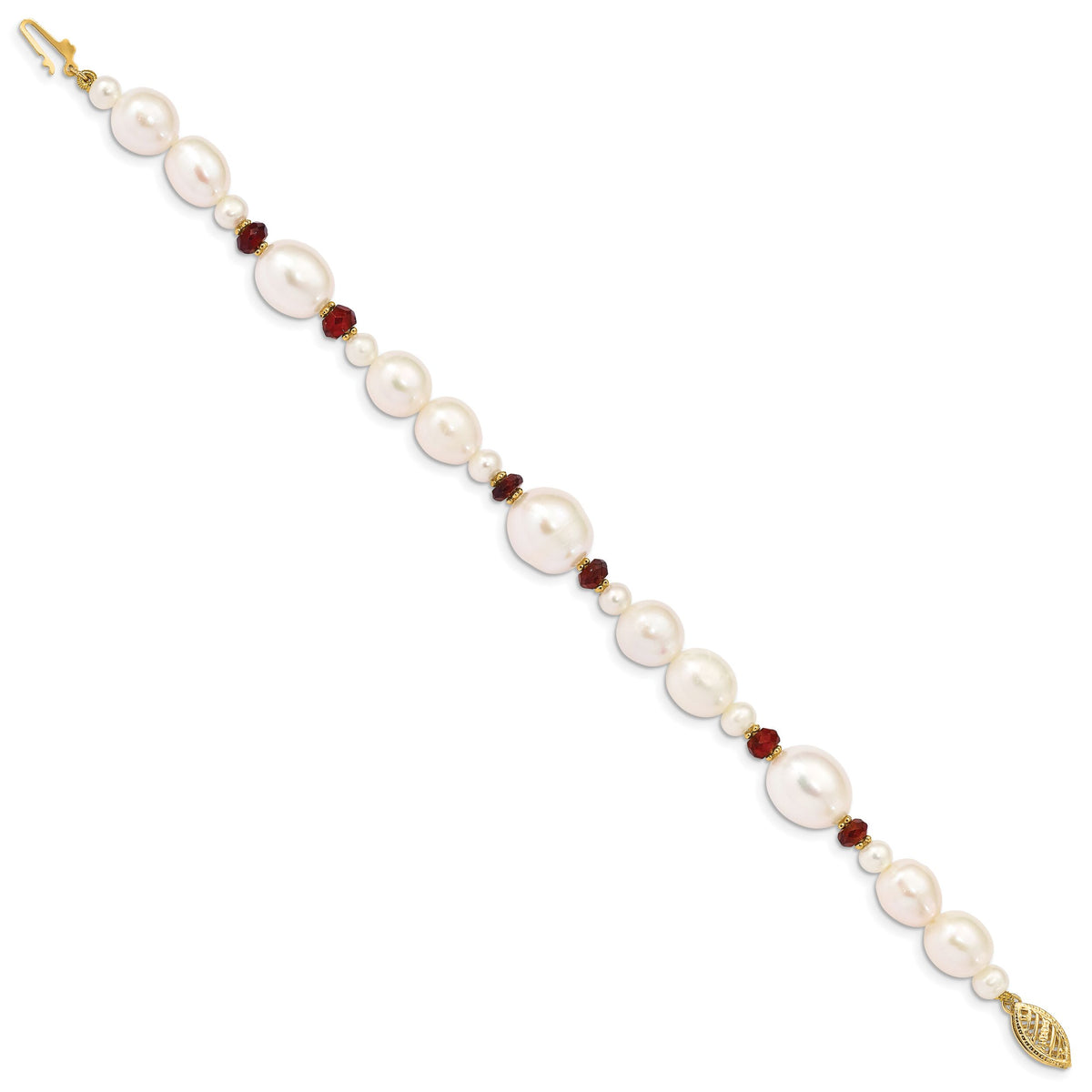 14K White Freshwater Cultured Pearl Faceted 4.0 Garnet Bead Bracelet-XF444-7.25