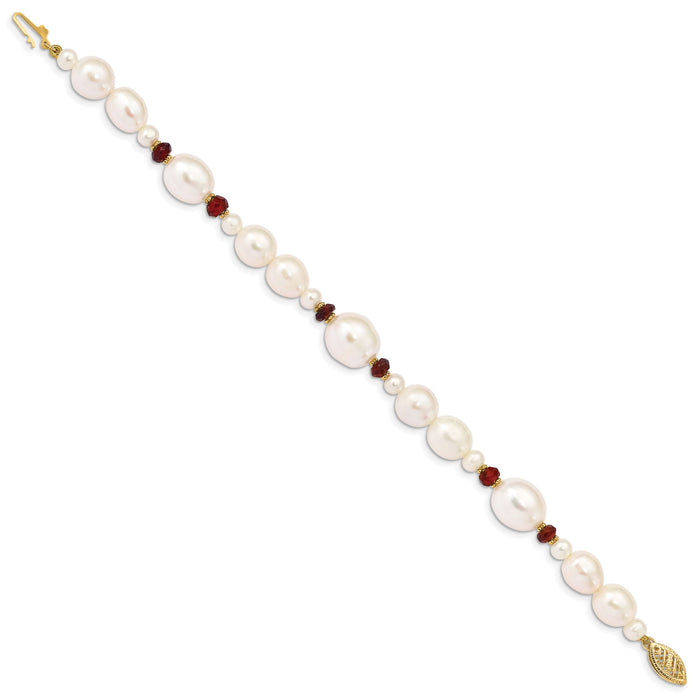 14K White Freshwater Cultured Pearl Faceted 4.0 Garnet Bead Bracelet-XF444-7.25