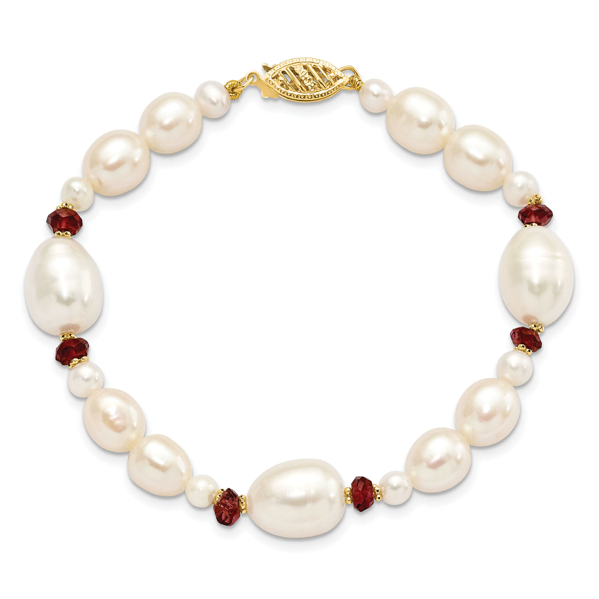 14K White Freshwater Cultured Pearl Faceted 4.0 Garnet Bead Bracelet-XF444-7.25