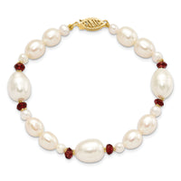 14K White Freshwater Cultured Pearl Faceted 4.0 Garnet Bead Bracelet-XF444-7.25