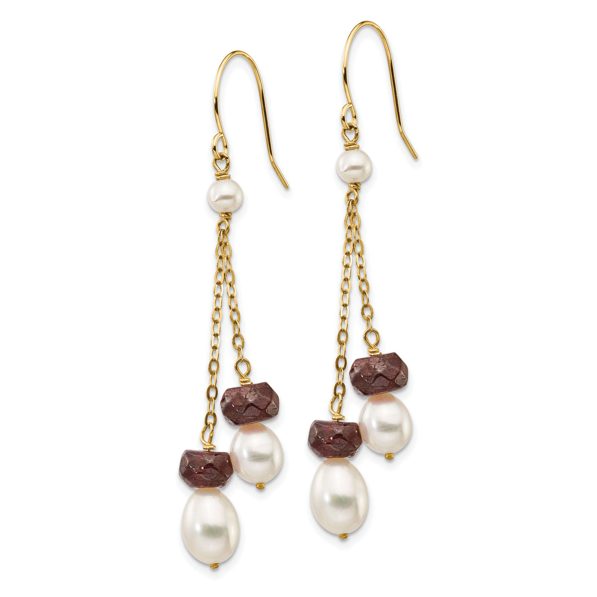 14K White Freshwater Cultured Pearl Garnet Double Chain Dangle Earrings-XF448E