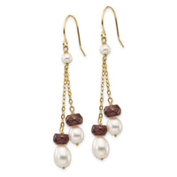 14K White Freshwater Cultured Pearl Garnet Double Chain Dangle Earrings-XF448E