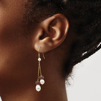 14K White Freshwater Cultured Pearl Garnet Double Chain Dangle Earrings-XF448E