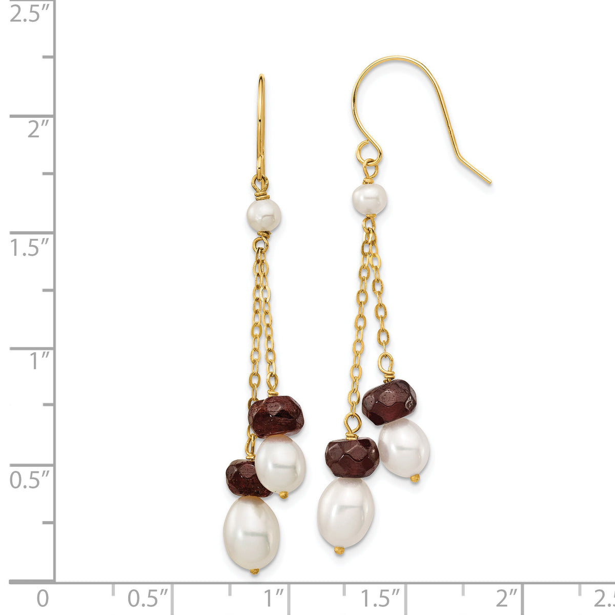 14K White Freshwater Cultured Pearl Garnet Double Chain Dangle Earrings-XF448E