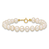 14k 5-6mm White Semi Round Freshwater Cultured Pearl Bracelet-XF452-5