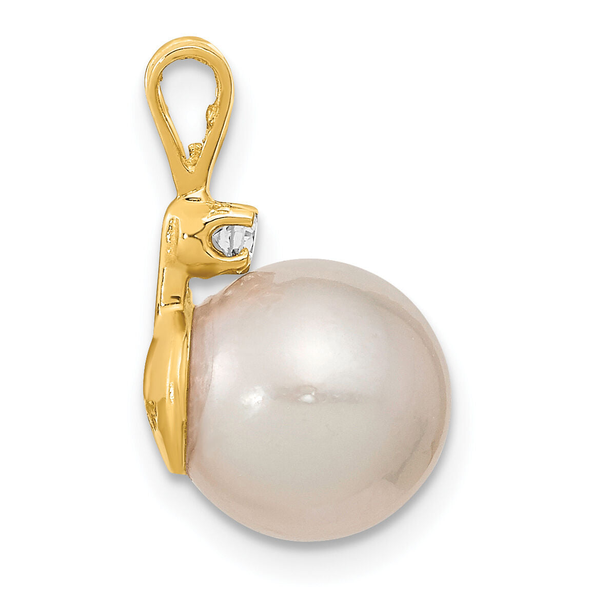 14k 9-10mm White Saltwater Cultured South Sea Pearl .05ct Diamond Pendant-XF467