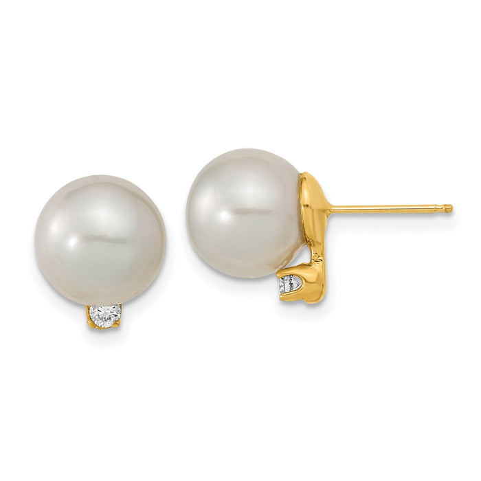14k 9-10mm White Saltwater Cultured South Sea Pearl .10ct Dia Earrings-XF470E