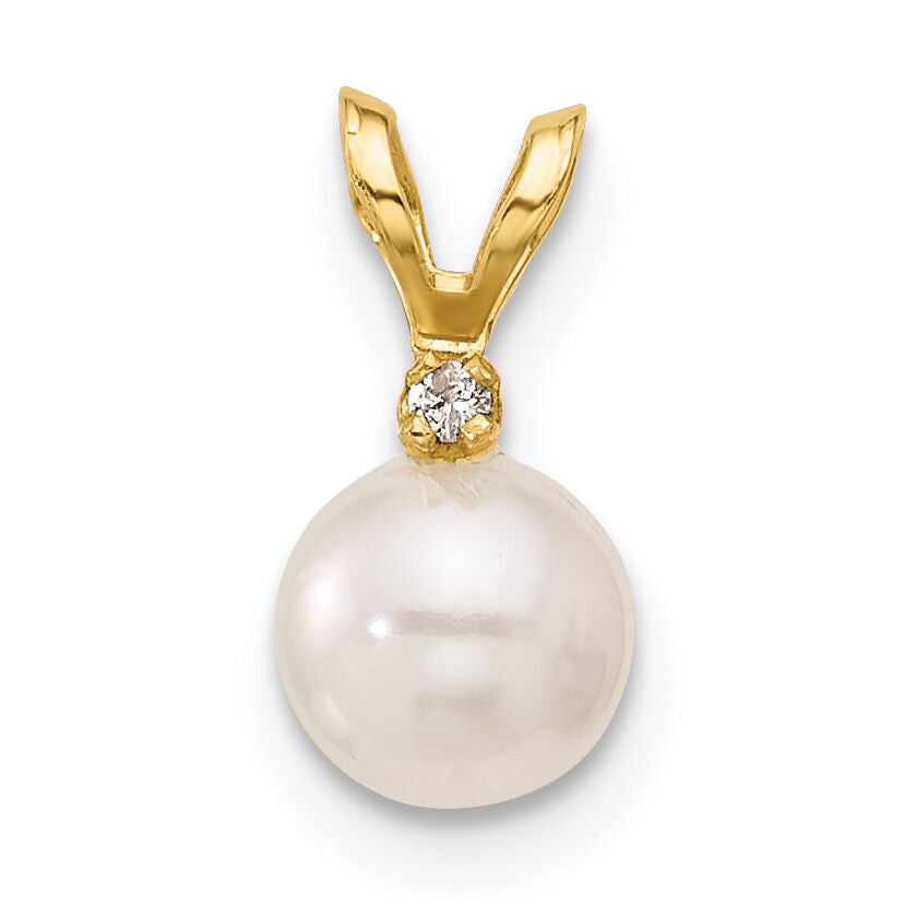 14k 5-6mm Round White Saltwater Akoya Cultured Pearl Diamond Pendant-XF471