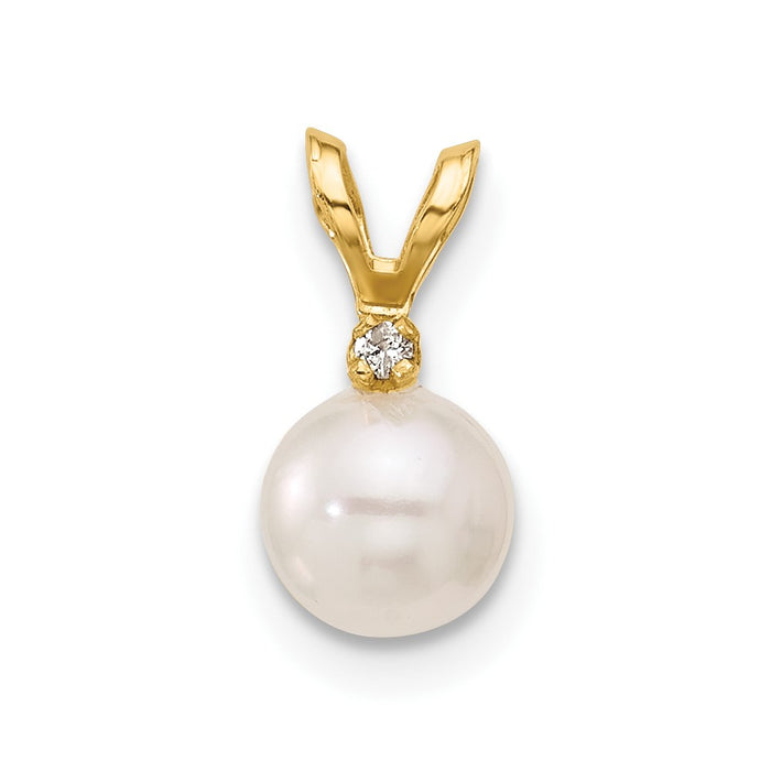 14k 5-6mm Round White Saltwater Akoya Cultured Pearl Diamond Pendant-XF471
