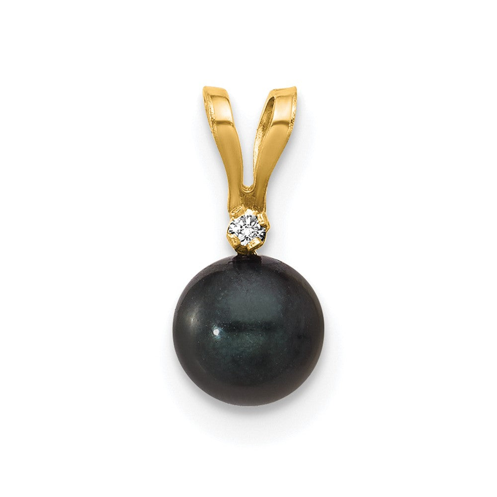 14k 5-6mm Black Round Saltwater Akoya Cultured Pearl Diamond Pendant-XF471B