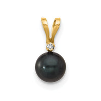 14k 5-6mm Black Round Saltwater Akoya Cultured Pearl Diamond Pendant-XF471B
