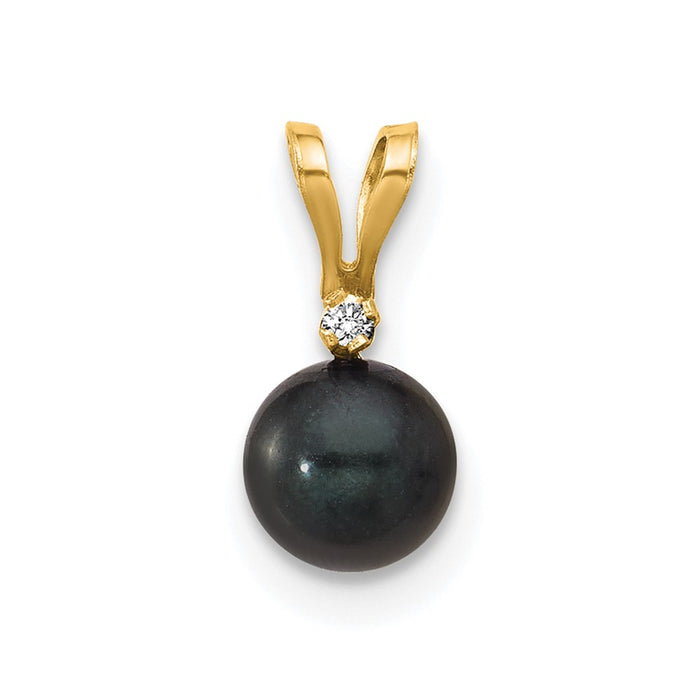 14k 5-6mm Black Round Saltwater Akoya Cultured Pearl Diamond Pendant-XF471B