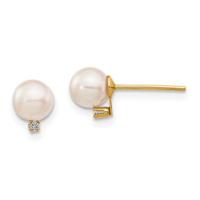 14k 5-6mm White Round Saltwater Akoya Cultured Pearl Diamond Post Earrings-XF472E