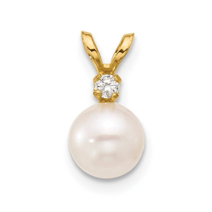 14k 6-7mm Round White Saltwater Akoya Cultured Pearl Diamond Pendant-XF473