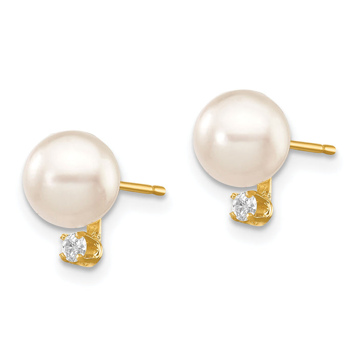14k 6-7mm White Round Saltwater Akoya Cultured Pearl Diamond Post Earrings-XF474E