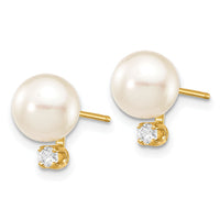 14k 7-8mm White Round Saltwater Akoya Cultured Pearl Diamond Post Earrings-XF475E