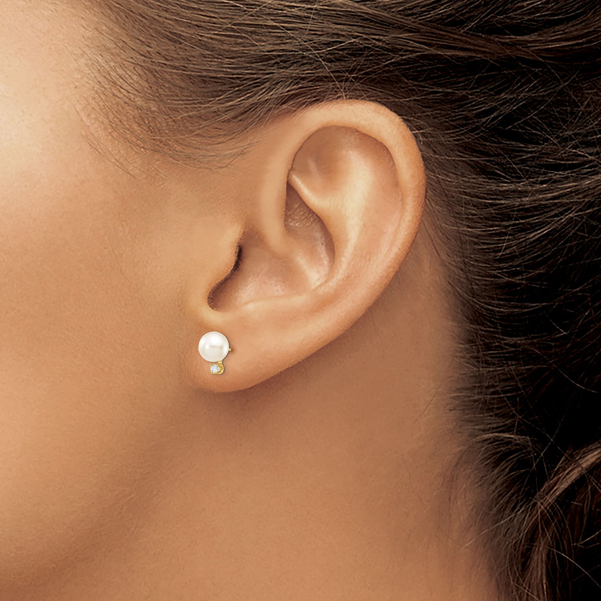 14k 7-8mm White Round Saltwater Akoya Cultured Pearl Diamond Post Earrings-XF475E