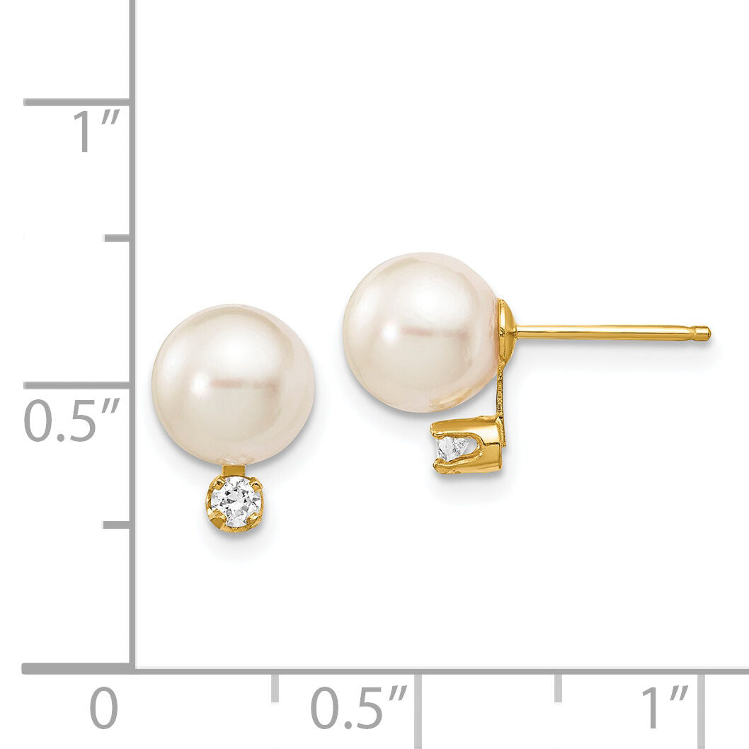 14k 7-8mm White Round Saltwater Akoya Cultured Pearl Diamond Post Earrings-XF475E