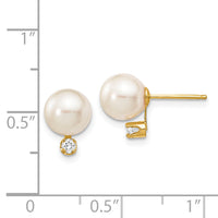 14k 7-8mm White Round Saltwater Akoya Cultured Pearl Diamond Post Earrings-XF475E