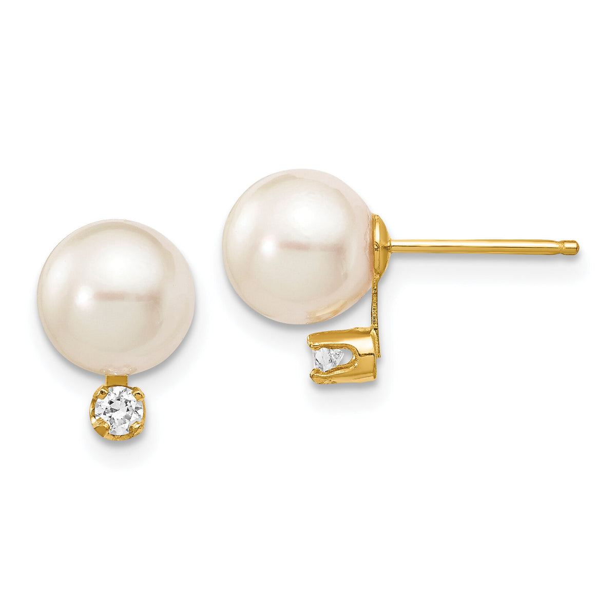 14k 7-8mm White Round Saltwater Akoya Cultured Pearl Diamond Post Earrings-XF475E