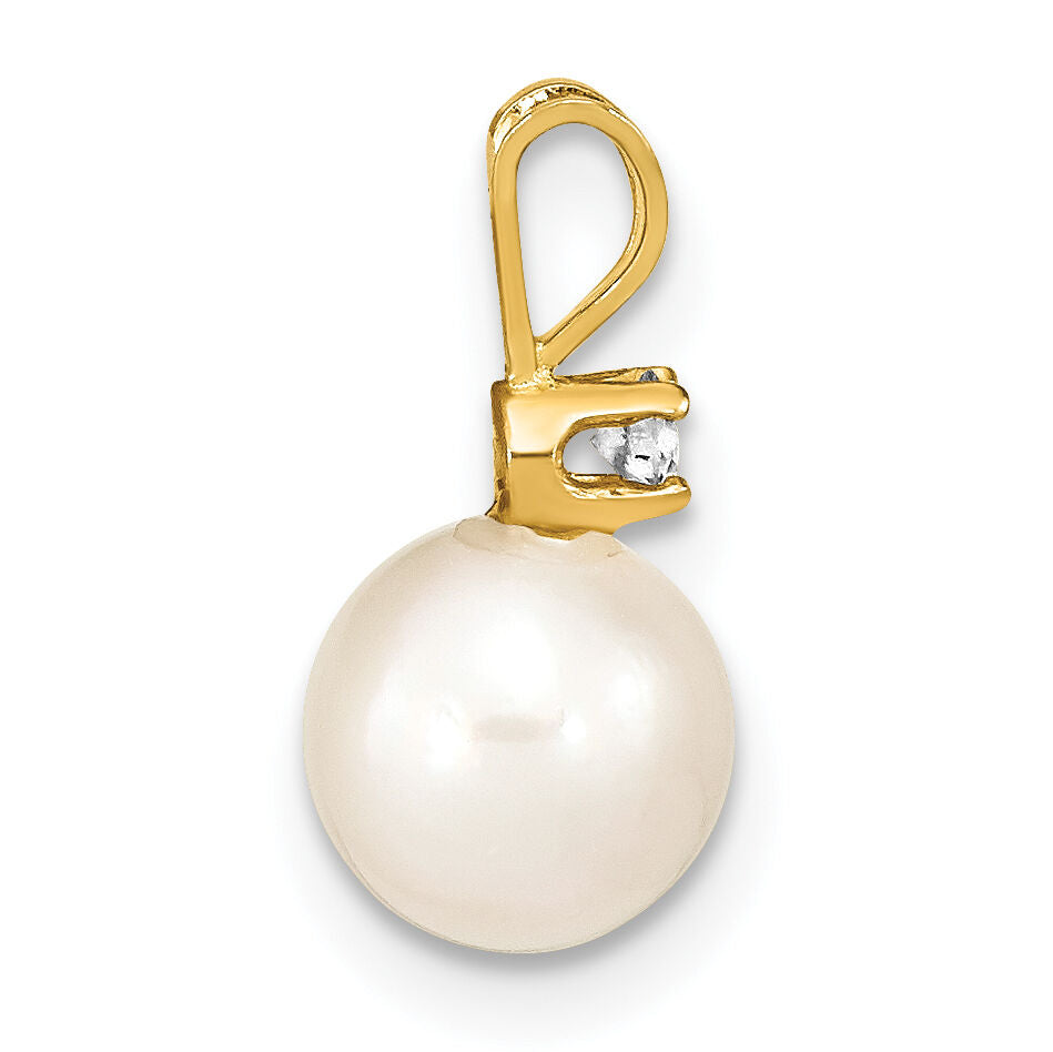 14k 7-8mm Round White Saltwater Akoya Cultured Pearl Diamond Pendant-XF476