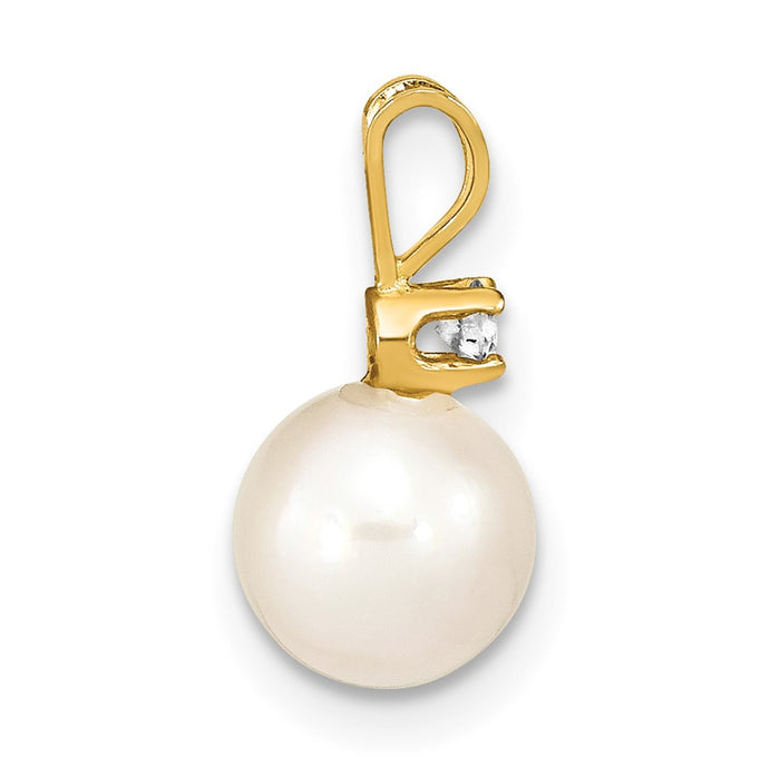 14k 7-8mm Round White Saltwater Akoya Cultured Pearl Diamond Pendant-XF476