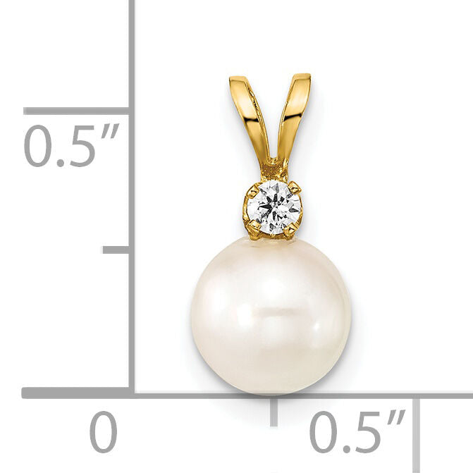 14k 7-8mm Round White Saltwater Akoya Cultured Pearl Diamond Pendant-XF476