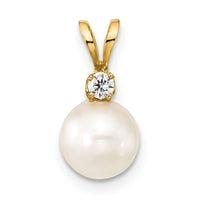14k 7-8mm Round White Saltwater Akoya Cultured Pearl Diamond Pendant-XF476