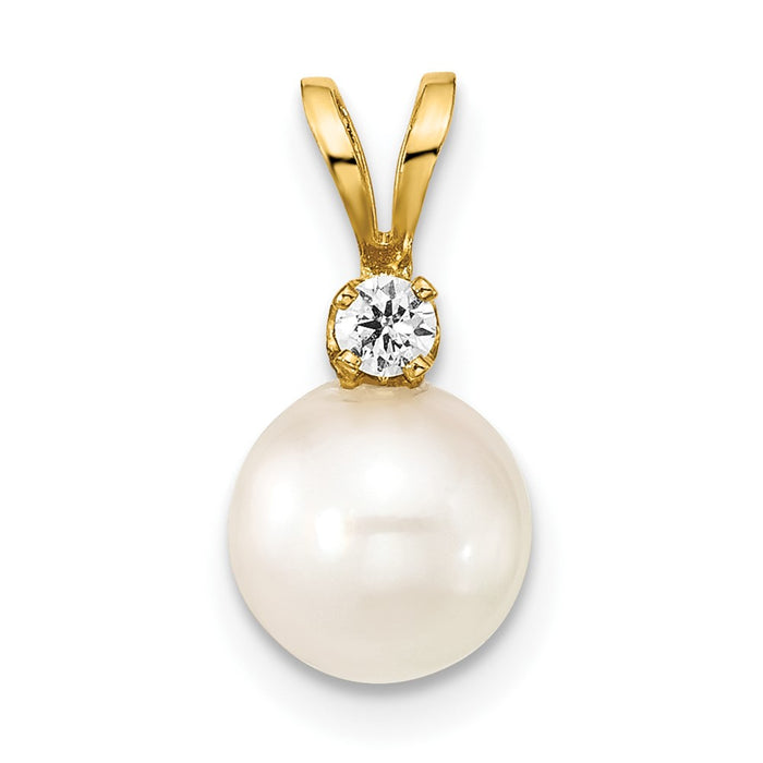 14k 7-8mm Round White Saltwater Akoya Cultured Pearl Diamond Pendant-XF476