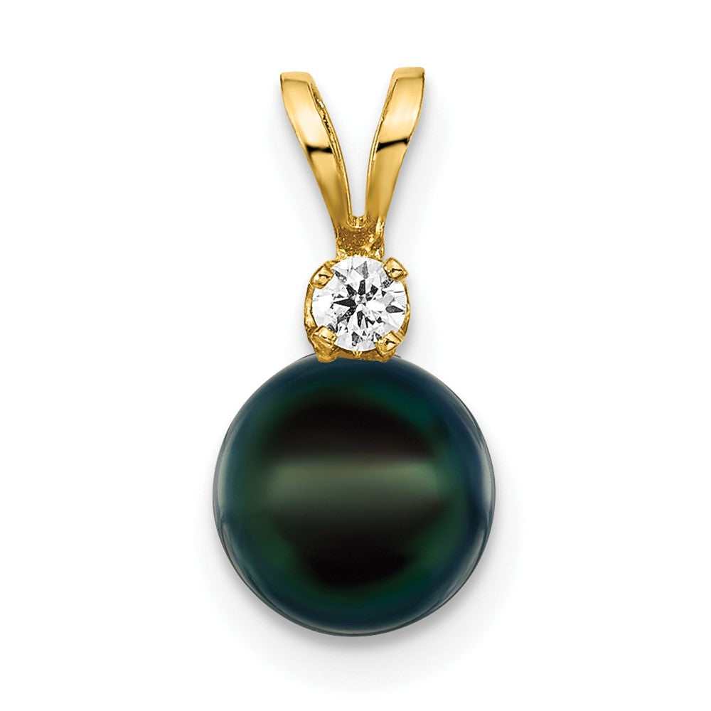 14k 7-8mm Black Round Saltwater Akoya Cultured Pearl Diamond Pendant-XF476B