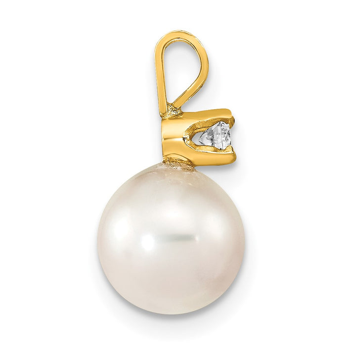 14k 8-9mm Round White Saltwater Akoya Cultured Pearl Diamond Pendant-XF477