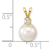 14k 8-9mm Round White Saltwater Akoya Cultured Pearl Diamond Pendant-XF477