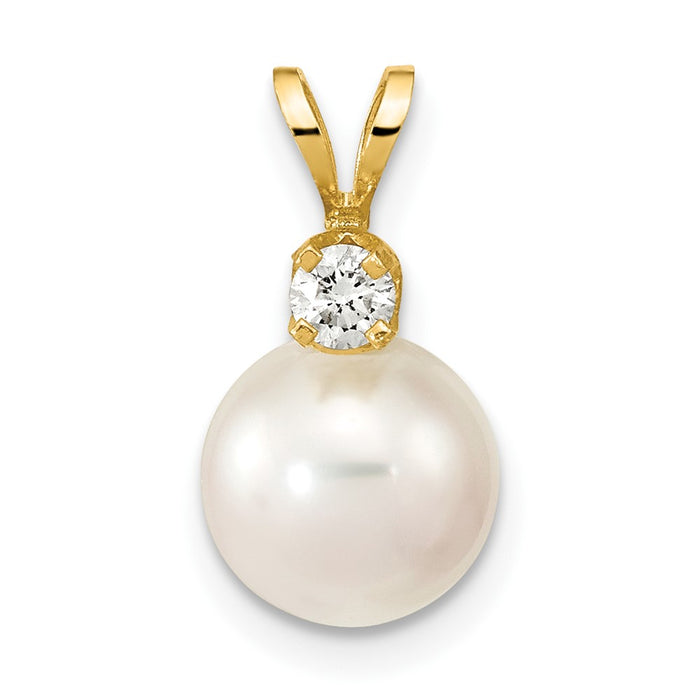 14k 8-9mm Round White Saltwater Akoya Cultured Pearl Diamond Pendant-XF477