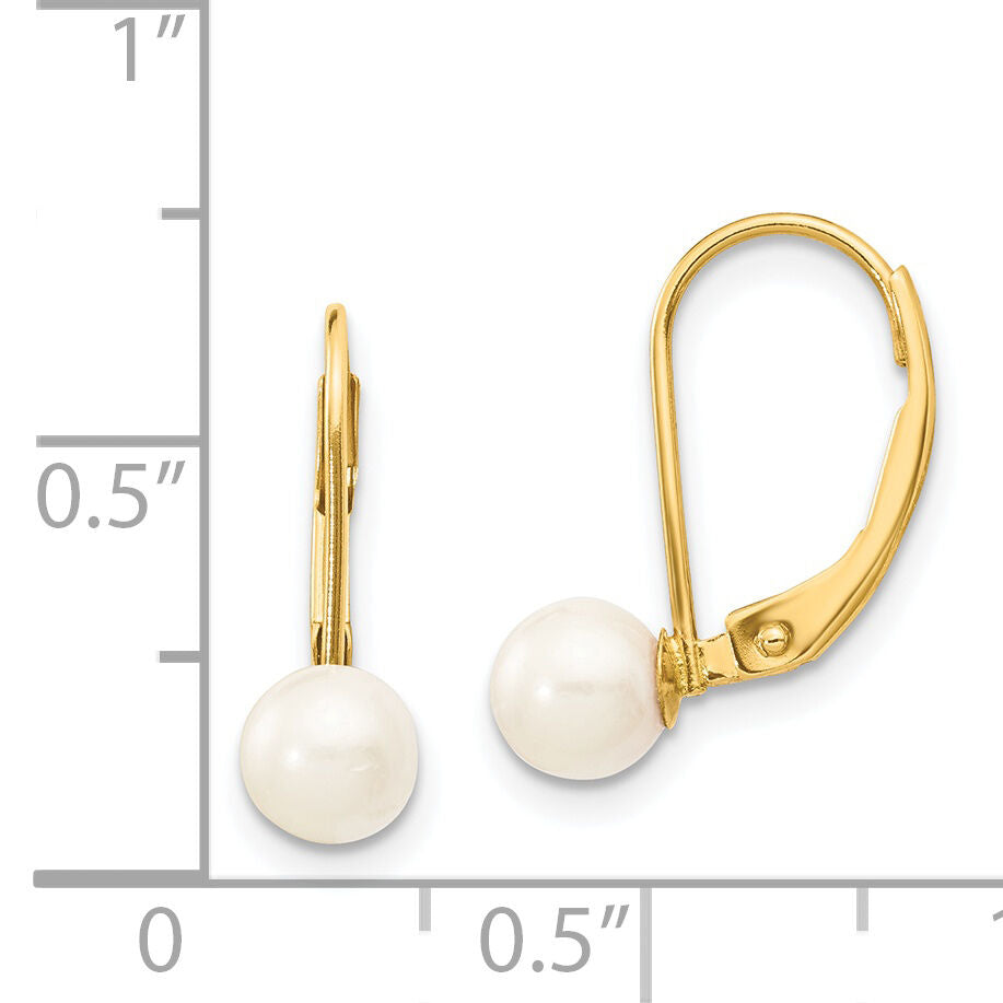 14k 5-6mm White Round Saltwater Akoya Cultured Pearl Leverback Earrings-XF479E