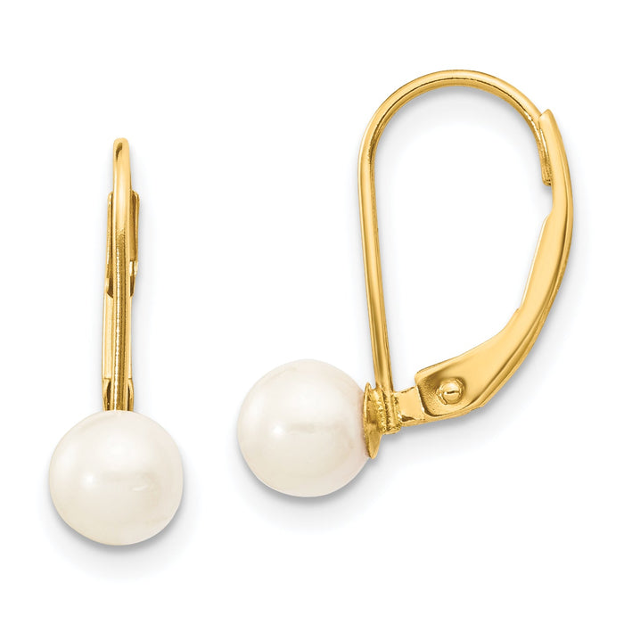 14k 5-6mm White Round Saltwater Akoya Cultured Pearl Leverback Earrings-XF479E