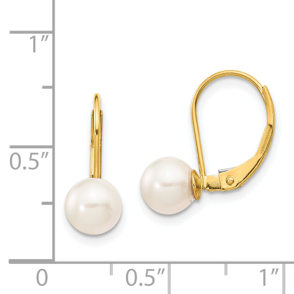 14k 6-7mm White Round Saltwater Akoya Cultured Pearl Leverback Earrings-XF480E