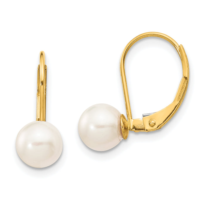 14k 6-7mm White Round Saltwater Akoya Cultured Pearl Leverback Earrings-XF480E