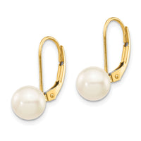 14k 7-8mm White Round Saltwater Akoya Cultured Pearl Leverback Earrings-XF481E