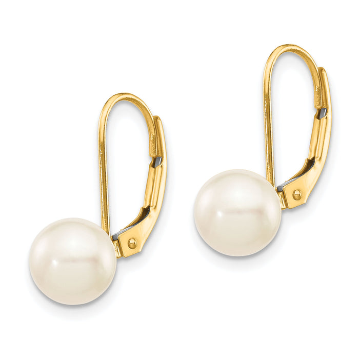 14k 7-8mm White Round Saltwater Akoya Cultured Pearl Leverback Earrings-XF481E