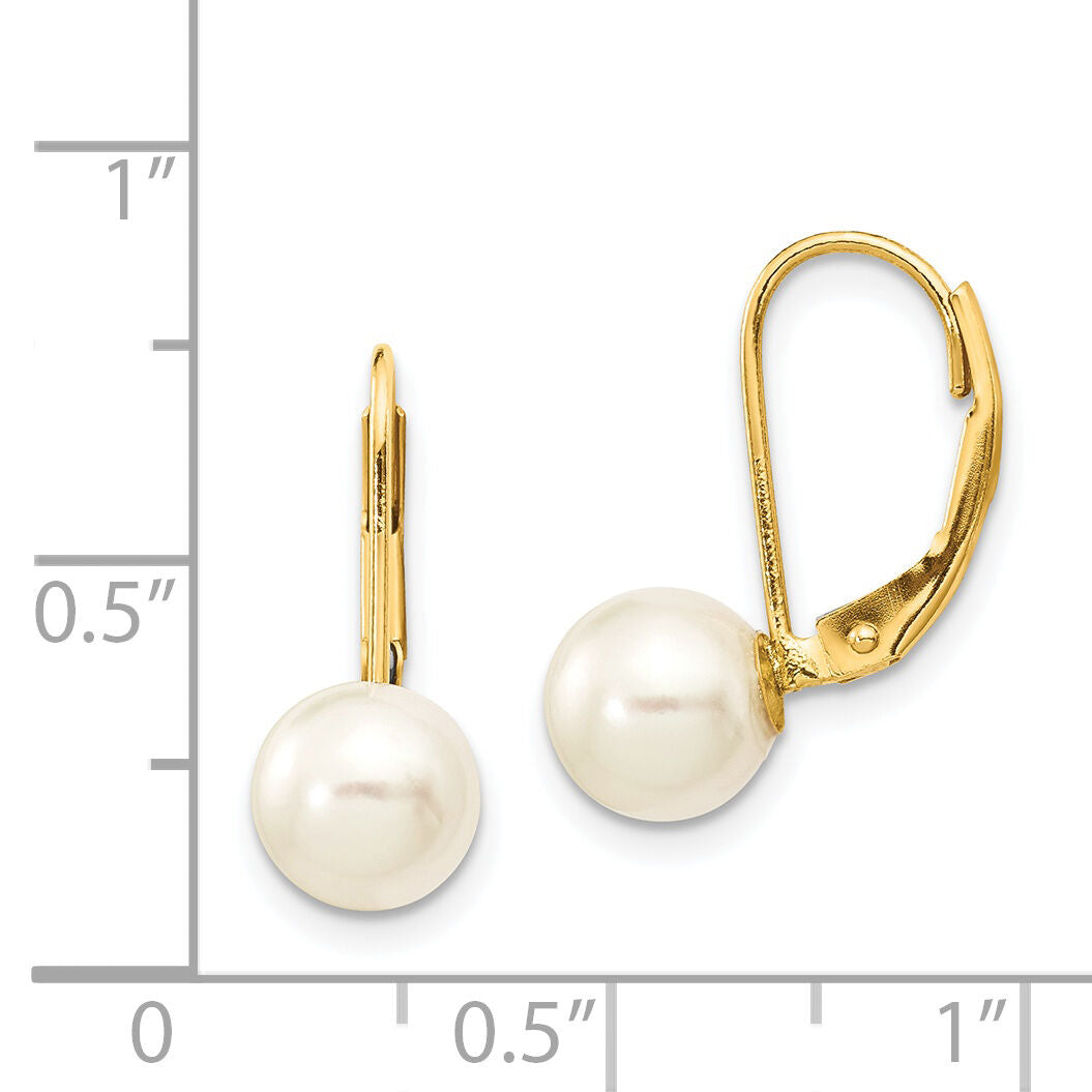 14k 7-8mm White Round Saltwater Akoya Cultured Pearl Leverback Earrings-XF481E