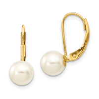 14k 7-8mm White Round Saltwater Akoya Cultured Pearl Leverback Earrings-XF481E