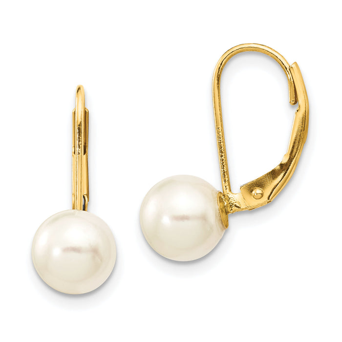 14k 7-8mm White Round Saltwater Akoya Cultured Pearl Leverback Earrings-XF481E