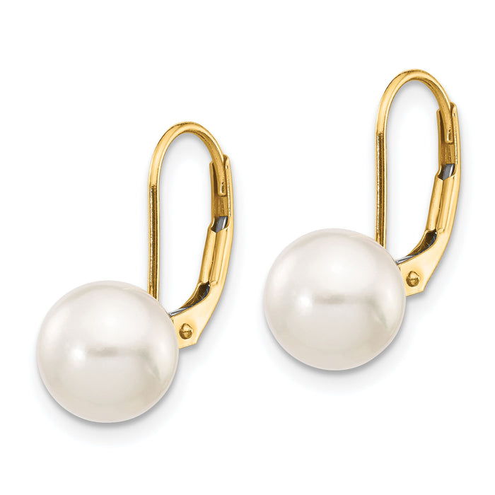 14k 8-9mm White Round Saltwater Akoya Cultured Pearl Leverback Earrings-XF482E
